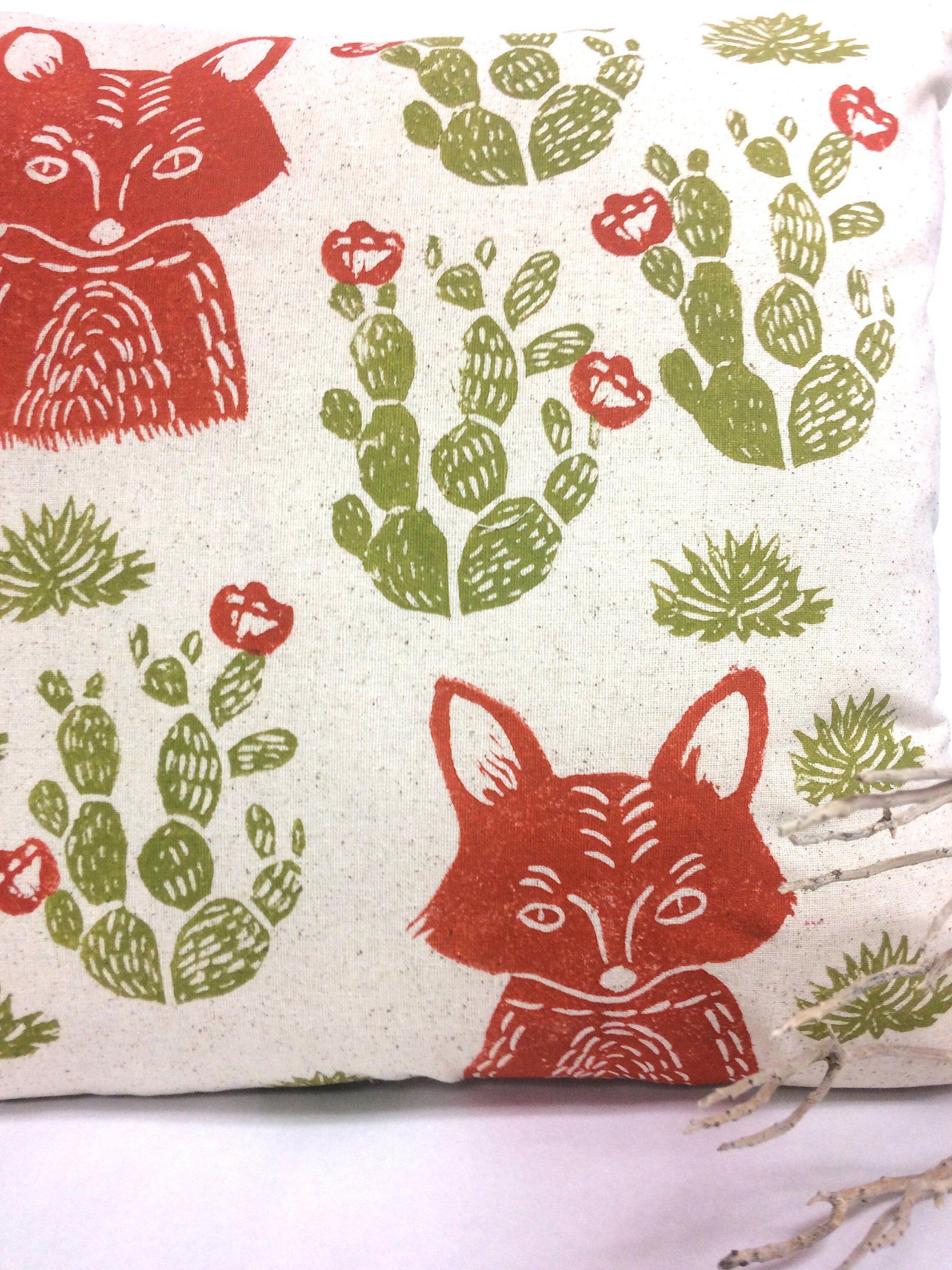 Hand Block Printed Fox Pillow: Desert Cactus Print, Beige Cotton