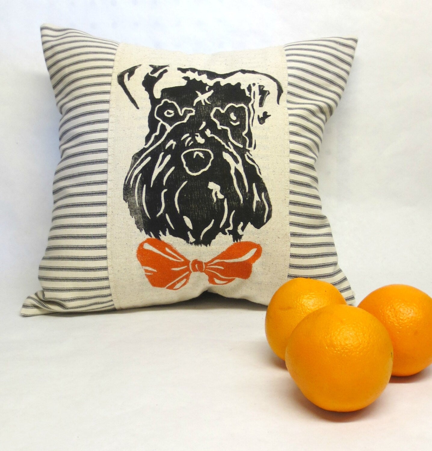 Hand Block Printed Schnauzer Pillow: Striped Ticking Fabric, Bow Tie Accent