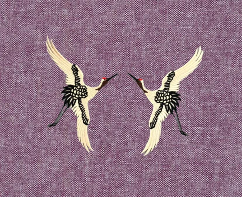 Embroidered Crane Linen Pillow: Caramel Brown, Black and Ivory Bird Applique