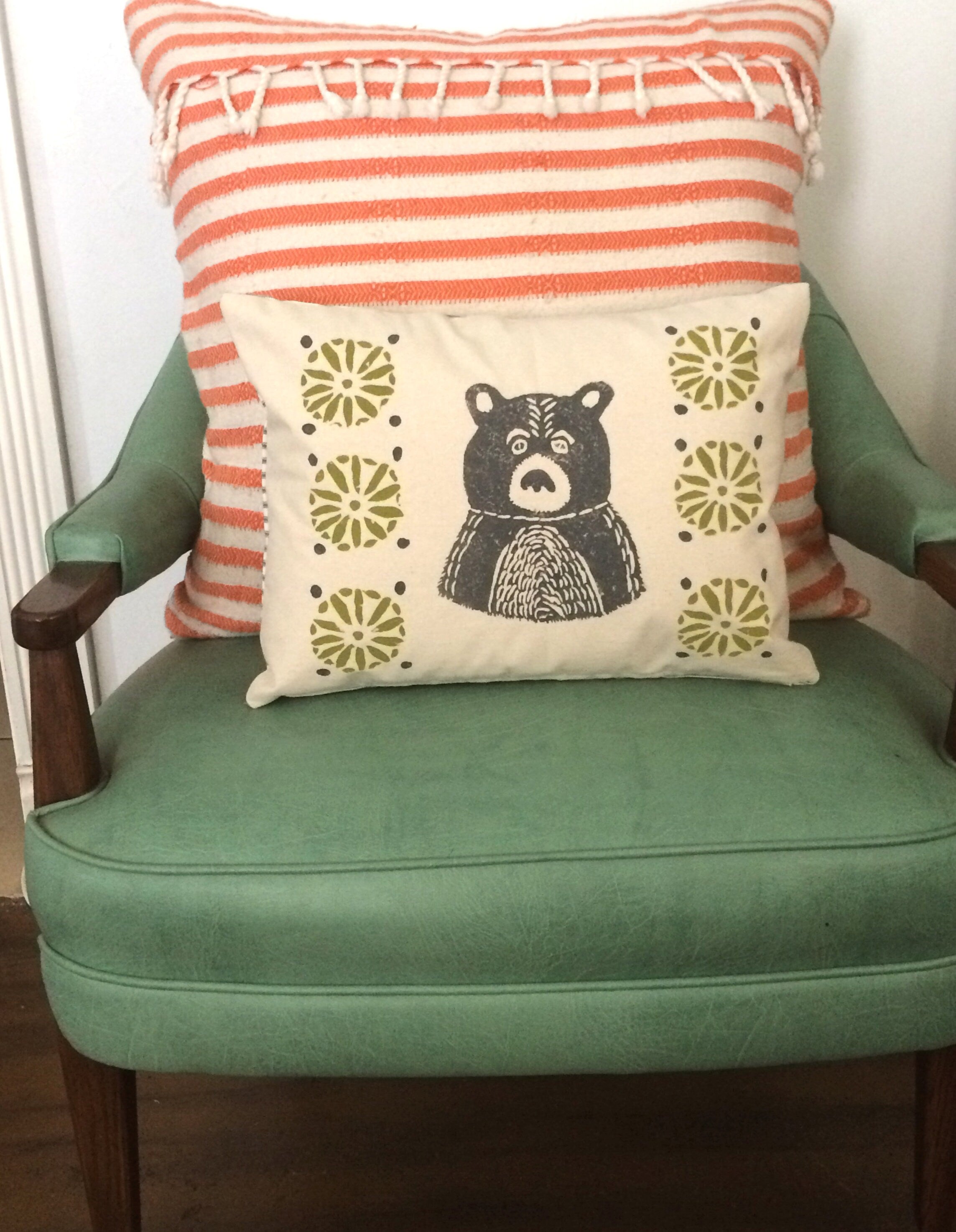 Mid-Century Bear Print Pillow: Grey Bear, Citrine Green Geometric Design