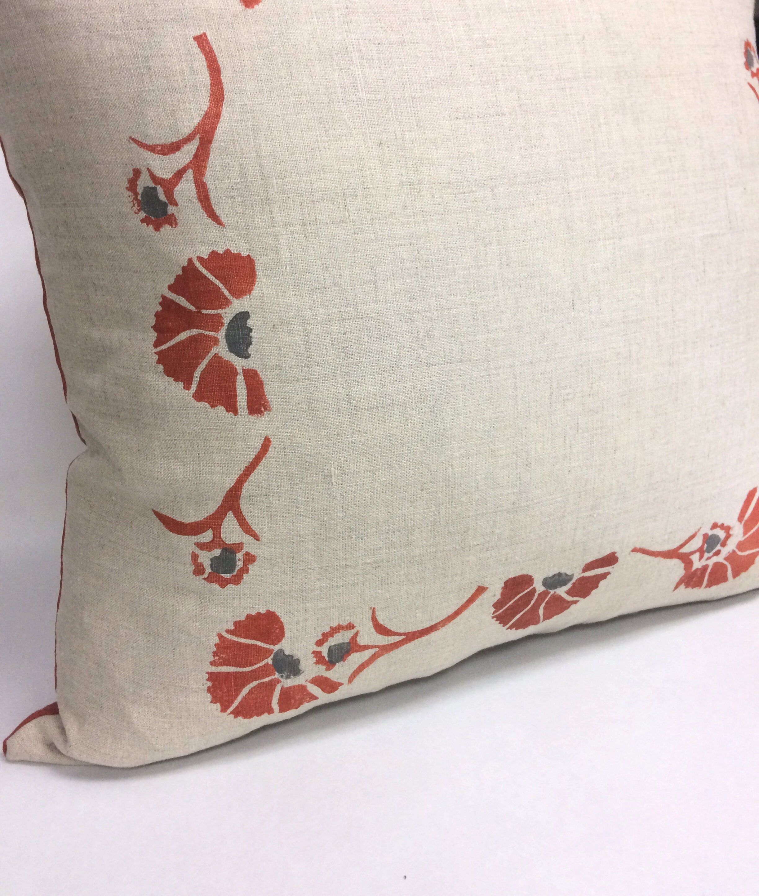 Floral Block Print Linen Pillow: Tuscan Orange & Grey Accent
