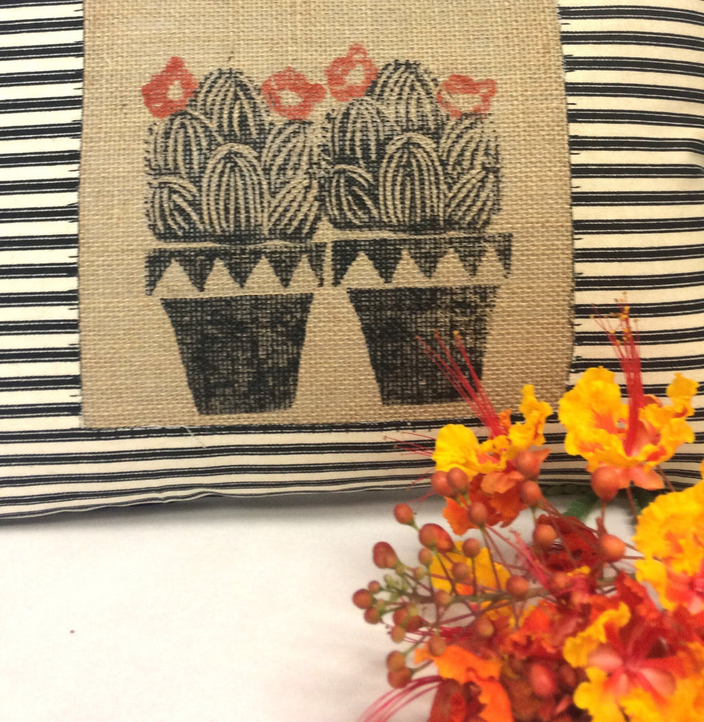 Hand Printed Cactus Pillow: Black & Beige Cotton Throw Pillow