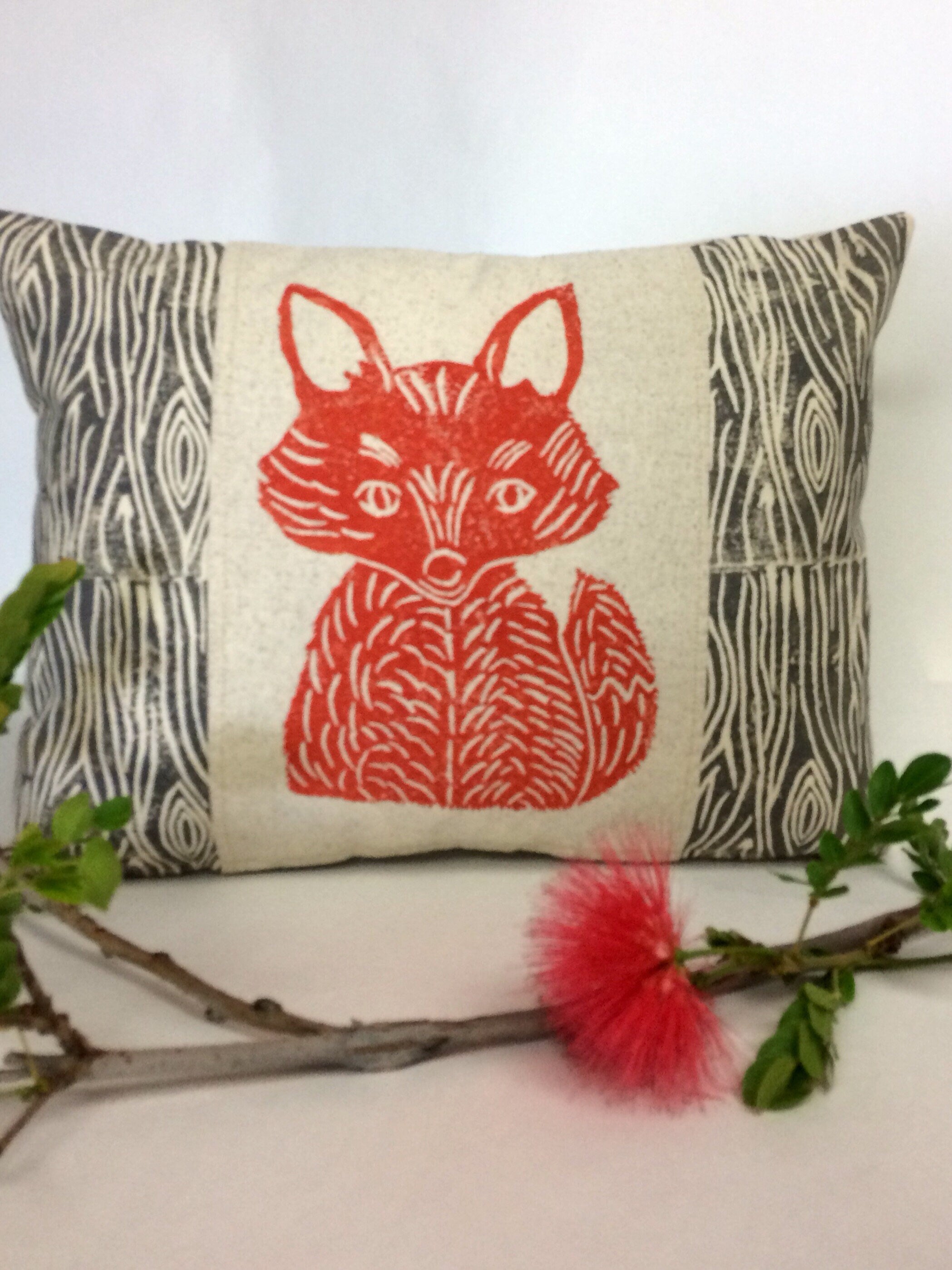 Fox Print Lumbar Pillow: Wood Grain Rustic Cabin Decor