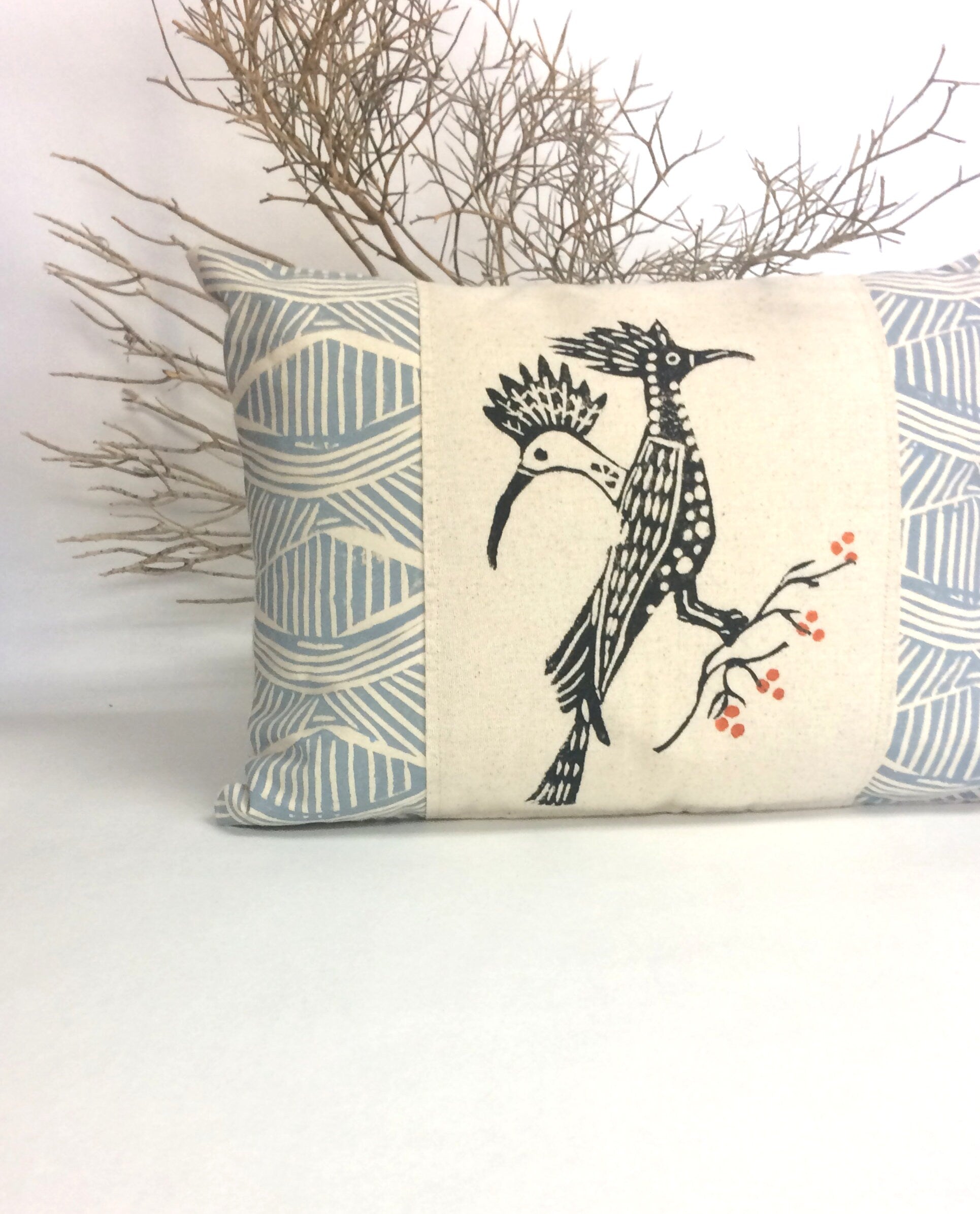 Vintage Roadrunner Print Kidney Pillow: Hand Block Printed Tribal Decor