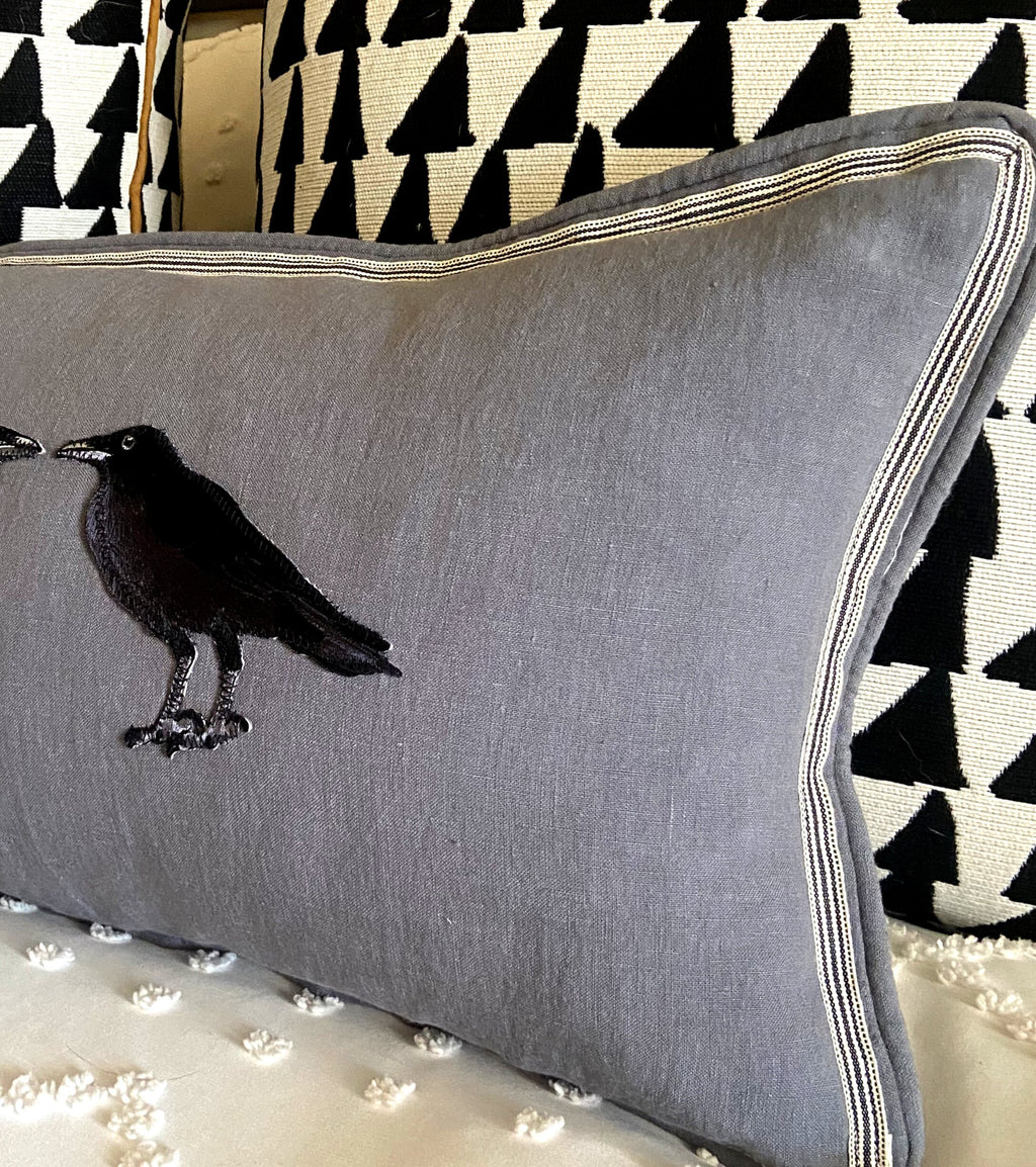 Slate Blue Embroidered Crow Raven Bird Linen Pillow