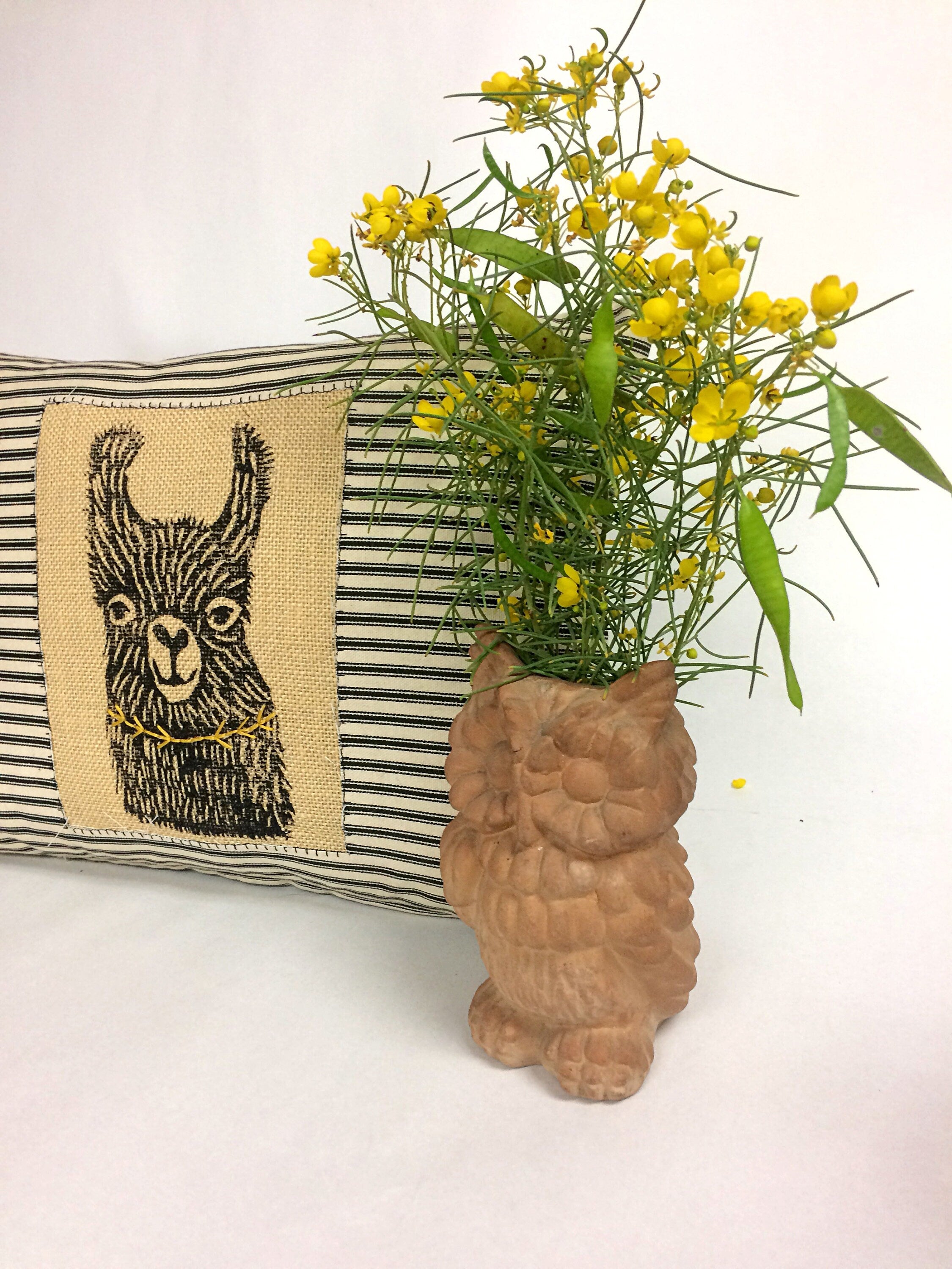 Hand Printed Llama Pillow: Striped Cotton Decorative Pillow