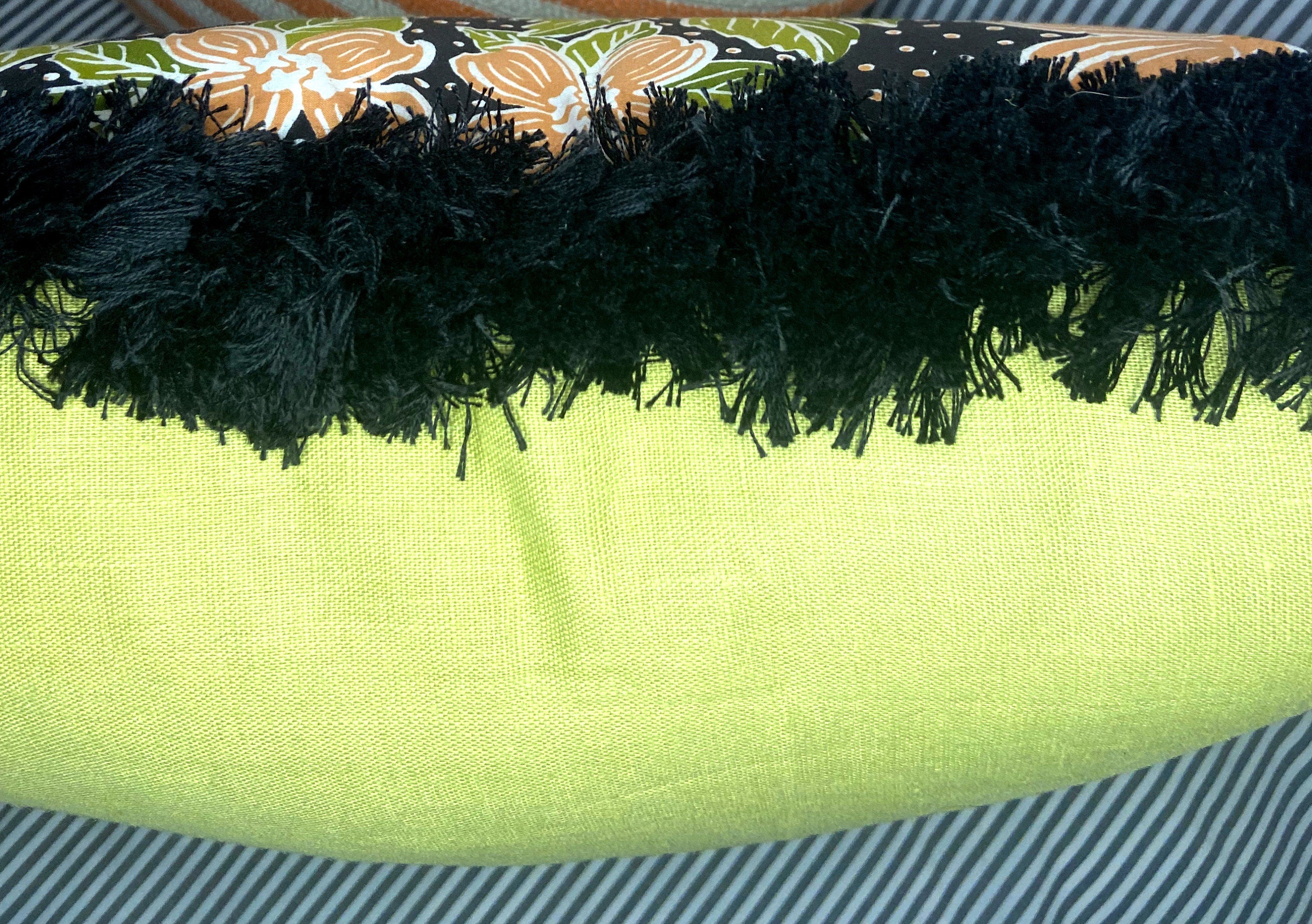 Floral Print Pillow: Black Cotton with Peach Flowers & Brush Fringe