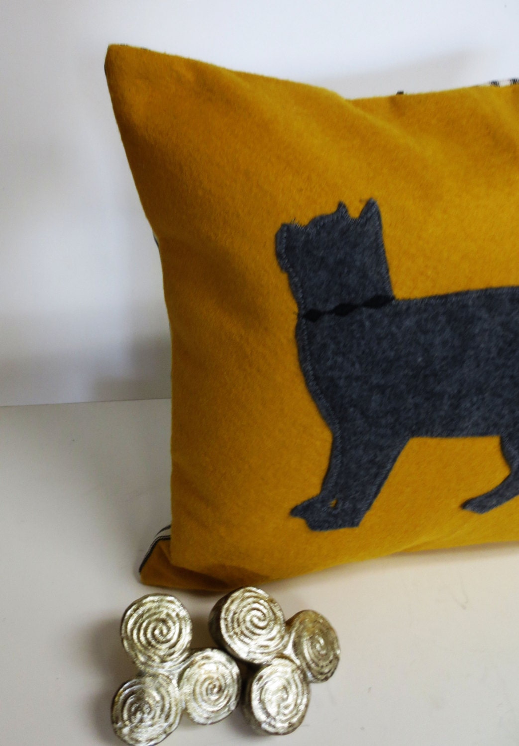 Felt Cat Pillow: Mustard Yellow & Gray Silhouette, Modern Decorative Pillow