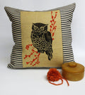 Owl Throw Pillow: Black Block Print, Rustic Burlap Cushion
