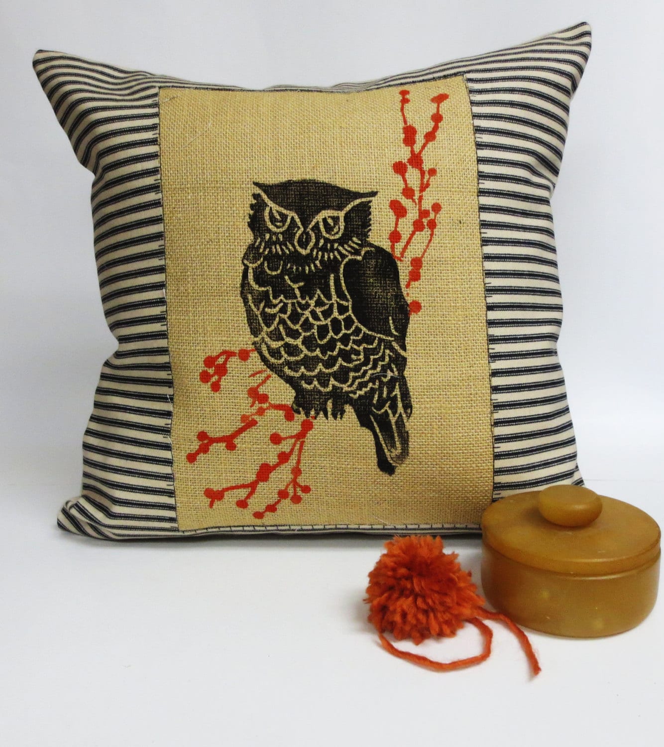 Owl Throw Pillow: Black Block Print, Rustic Burlap Cushion